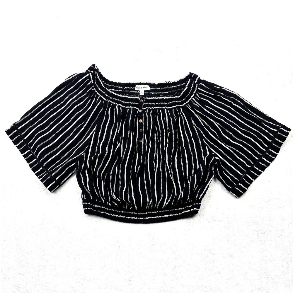 Kiwi & Punch Womens Black White Striped Smocked Off Shoulder Crop Top Large